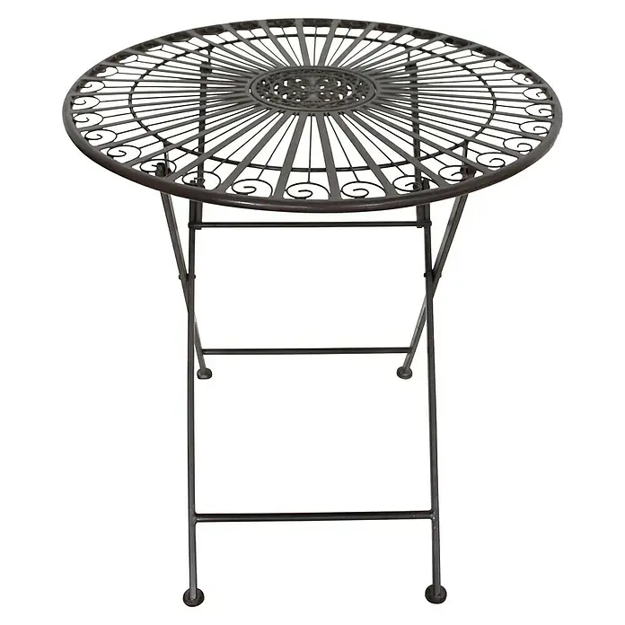 Garden Pleasure Balkonmöbel-Set Mangan - 3 -tlg., Stahl, Schwarzbraun, Klappbar - Dunkler, runder Gartentisch aus Metall mit verschnörkelter Platte und klappbaren Beinen.