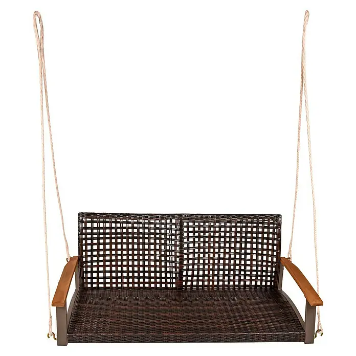 Garden Pleasure Hängebank Cuneo - B x T x H: 131 x 64 x 53 cm, Polyrattan, Akazie, Braun - Dunkelbraune Rattan-Schaukelbank mit Holzarmlehnen, an stabilen Seilen aufgehängt.