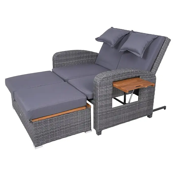 Garden Pleasure Loungesofa Bari - Stahl, Akazie, Polyester, Braun/Anthrazit - Graue Rattan-Sonnenliege mit Kissen und integriertem Holztisch, für entspanntes Outdoor-Vergnügen.