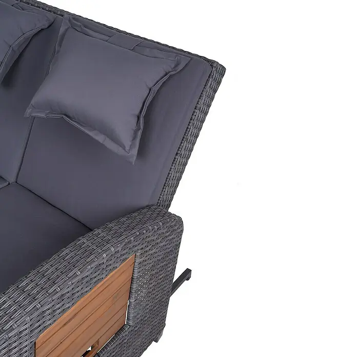Garden Pleasure Loungesofa Bari - Stahl, Akazie, Polyester, Braun/Anthrazit - Graues Rattan-Gartensafasegment mit passenden Kissen und integriertem Holznebentisch.
