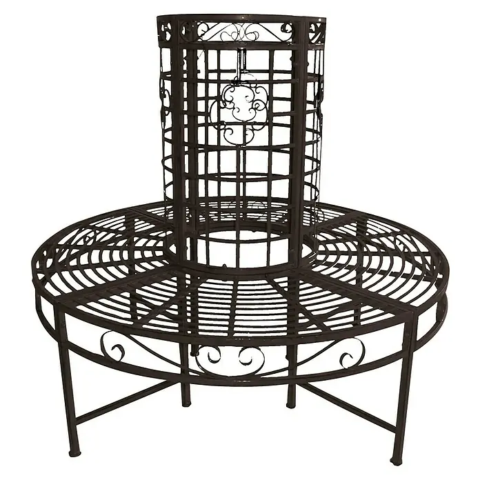 Garden Pleasure Baumbank Larissa 360° - Ø x H: 121 x 112 cm, Stahl, Schwarz - Dunkelbraune, kunstvolle Metall-Baumbank mit mittigem Pflanzkäfig.