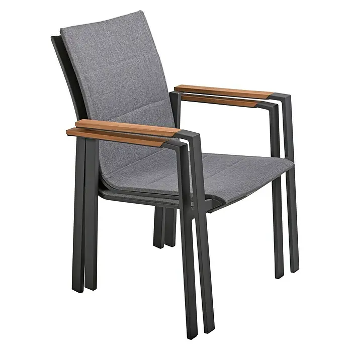 Garden Pleasure Stapelstuhl Davina - 2 Stk., Stapelbar, Hellgrau, B x T x H: 90 x 162 x 75 cm - Outdoor-Sessel mit grauen Stoffpolstern, dunkelgrauem Gestell und Holzarmlehnen. Zwei Sessel sind gestapelt.