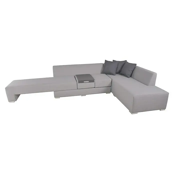 Garden Pleasure Loungemöbel-Set Wellington - 3 -tlg., Aluminium, Polyester, Hellgrau - Hellgraues L-förmiges Ecksofa mit drei dunkelgrauen Kissen, integriertem Tablett und Metallfüßen.