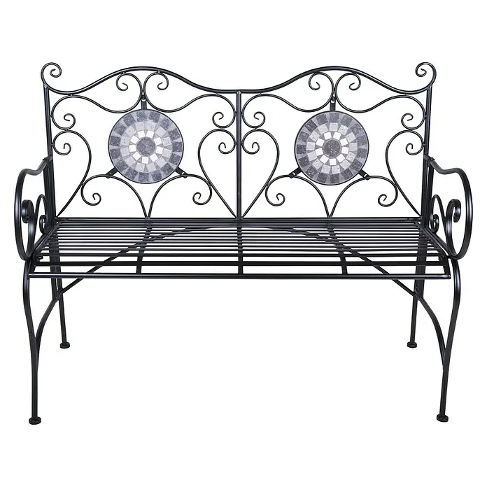 Garden Pleasure Gartenbank Jalua - B x T x H: 116 x 53 x 90,5 cm, Stahl, Schwarz-Grau-Weiß - Schwarze Gartenbank aus Metall mit Schnörkeln und zwei runden grauen Mosaikmedaillons.