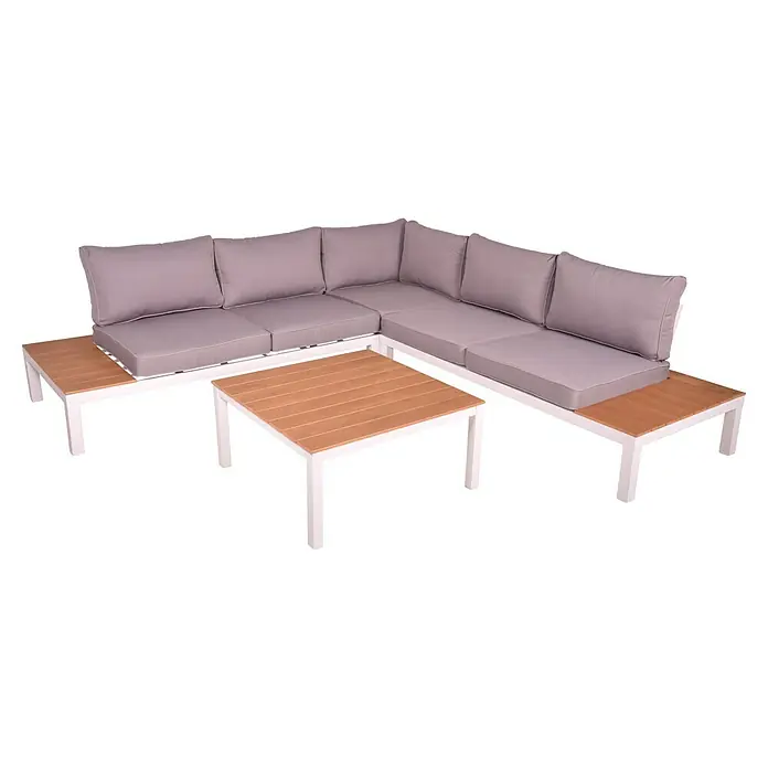 Garden Pleasure Loungemöbel-Set Valentina - 4 -tlg., Aluminium, Grau/Weiß-Helleiche - Weißes Garten-Ecksofa mit hellgrauen Kissen, integrierten Holznebentischen und passendem Couchtisch.