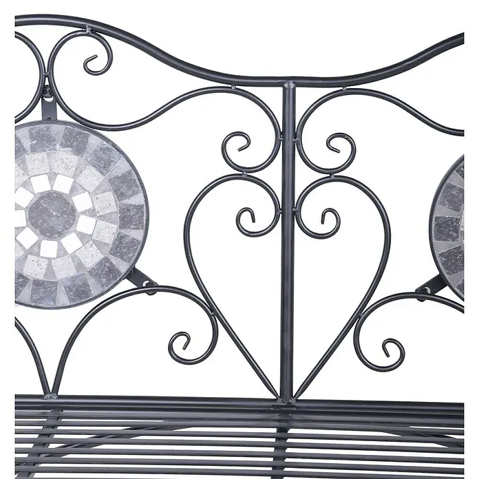 Garden Pleasure Gartenbank Jalua - B x T x H: 116 x 53 x 90,5 cm, Stahl, Schwarz-Grau-Weiß - Dunkelgraue Rückenlehne einer Gartenbank aus Metall mit verschnörkelten Details und runden Mosaikintarsien.