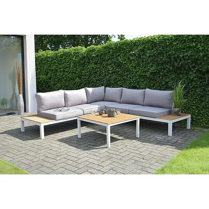 Garden Pleasure Loungemöbel-Set Valentina - 4 -tlg., Aluminium, Grau/Weiß-Helleiche - L-förmiges Outdoor-Loungeset mit grauen Kissen, weißem Rahmen, Holzplatten und einem Couchtisch.