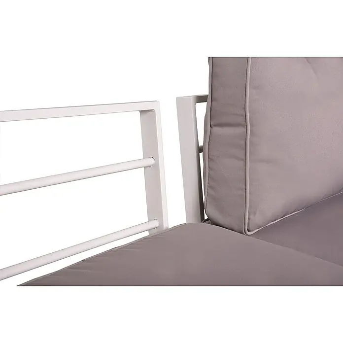 Garden Pleasure Loungemöbel-Set Valentina - 4 -tlg., Aluminium, Grau/Weiß-Helleiche - Weißes Metallgestell Outdoor-Sofa oder -Stuhl mit hellgrauen Stoffpolstern.