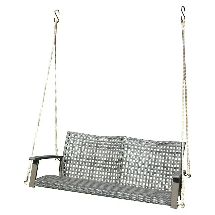 Garden Pleasure Hängebank Cuneo - B x T x H: 131 x 64 x 53 cm, Polyrattan, Akazie, Grau - Graue geflochtene Schaukelbank mit Armlehnen, an Seilen mit S-Haken aufgehängt.