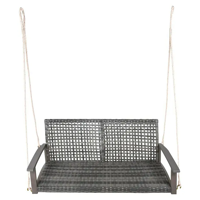 Garden Pleasure Hängebank Cuneo - B x T x H: 131 x 64 x 53 cm, Polyrattan, Akazie, Grau - Graue Outdoor-Schaukelbank aus Korbgeflecht mit Armlehnen, an Seilen hängend.