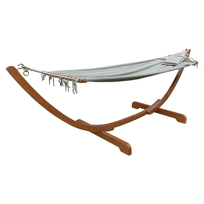 Garden Pleasure Hängematten-Set Madeira - L x B x H: 300 x 100 x 98 cm, Grau/Braun - Hellgraue Stoffhängematte mit kleinem Kissen, auf einem geschwungenen Holzständer und Metallbeschlägen.
