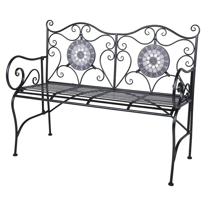 Garden Pleasure Gartenbank Jalua - B x T x H: 116 x 53 x 90,5 cm, Stahl, Schwarz-Grau-Weiß - Schwarze Schmiedeeisen-Gartenbank mit verschnörkelten Details und zwei runden Rückenlehnen aus grau-weißen Mosaikfliesen.
