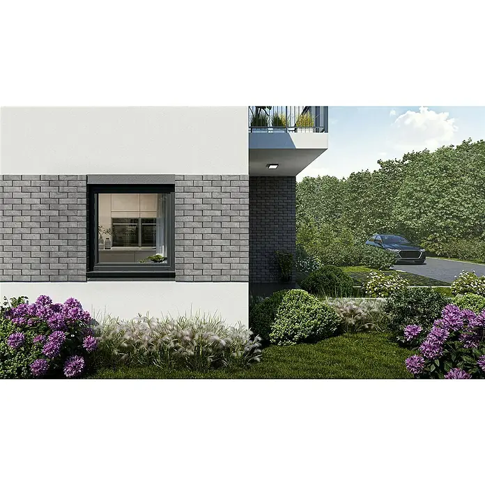 Solid Elements Kunststofffenster Basic - 120 x 120 cm, Verglasung: 2-fach, DIN Anschlag: Links, Außen: Anthrazit Sandstruktur, Innen: Weiß - Moderner Gebäudeaußenbereich mit grauer Ziegelverkleidung, Fenster und üppiger Landschaftsgestaltung.