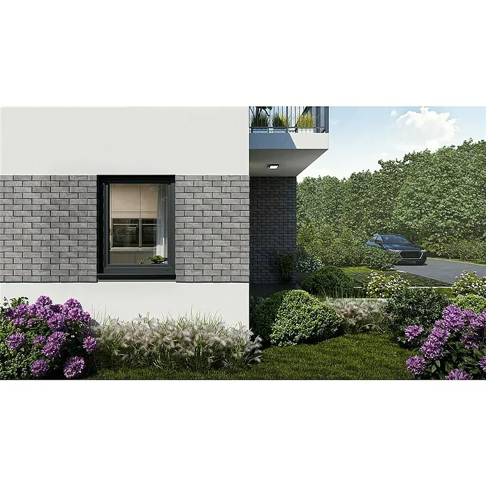 Solid Elements Kunststofffenster Basic - 105 x 135 cm, Verglasung: 2-fach, DIN Anschlag: Links, Außen: Anthrazit Sandstruktur, Innen: Weiß - Moderne Hausfassade: weißer Putz, graue Ziegelverkleidung, dunkler Fensterrahmen.