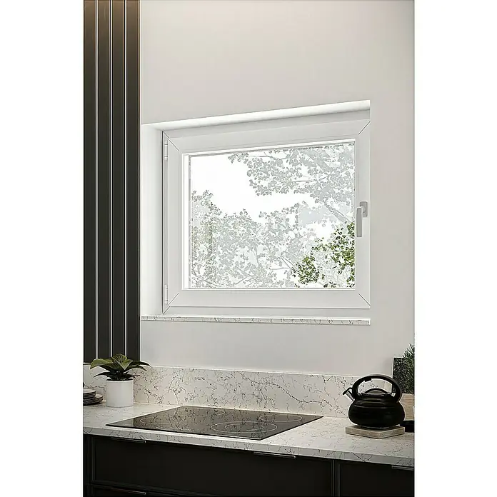 Solid Elements Kunststofffenster Basic - 100 x 80 cm, Verglasung: 2-fach, DIN Anschlag: Links, Außen: Anthrazit Sandstruktur, Innen: Weiß - Elegantes schwarzes Induktionskochfeld, nahtlos in eine weiße Marmor-Arbeitsplatte integriert, bereit zum Kochen.