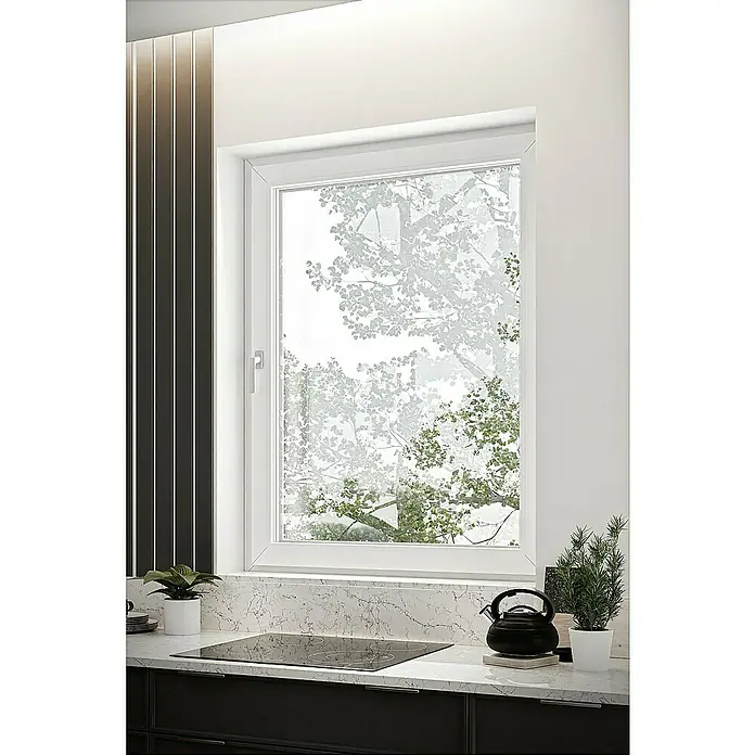 Solid Elements Kunststofffenster Basic - 105 x 135 cm, Verglasung: 2-fach, DIN Anschlag: Rechts, Außen: Anthrazit Sandstruktur, Innen: Weiß - Moderne Küchenarbeitsplatte mit weißem Marmormuster und integriertem schwarzem Induktionskochfeld unter einem großen Fenster.