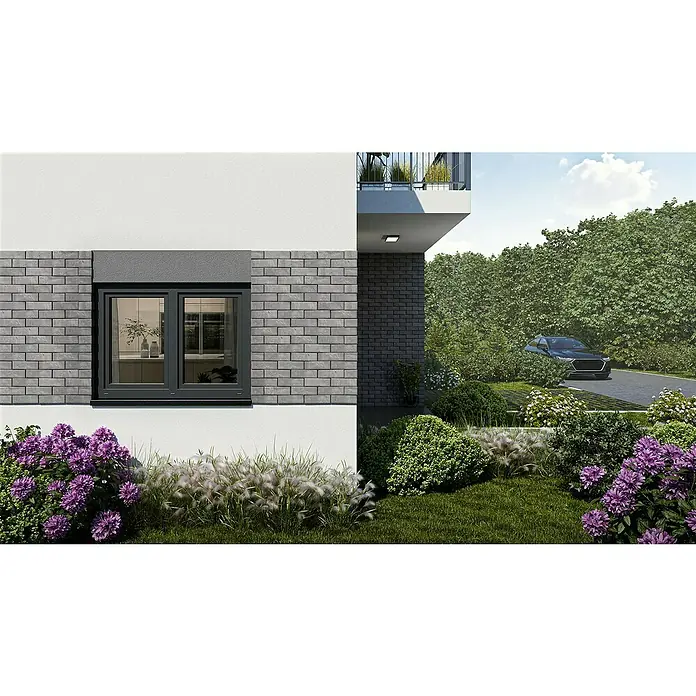 Solid Elements Kunststofffenster Basic - 150 x 110 cm, Verglasung: 3-fach, DIN Anschlag: Links/Rechts, Außen: Anthrazit Sandstruktur, Innen: Weiß - Moderne Fassade mit dunklem Fensterrahmen, grauen Ziegeln und weißem Putz, eingebettet in grüne Landschaft.