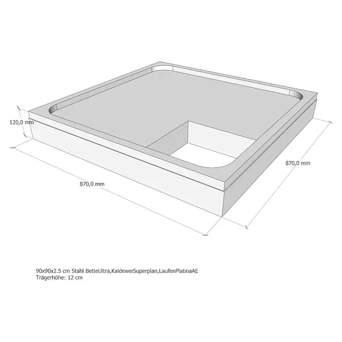 Sanicomfort Duschwannenträger - L x B x H: 87 x 87 x 12 cm, Expandiertes Polystyrol, Weiß - Abbildung einer 90x90x2,5 cm Stahl Duschwanne BetteUltra, Kaldewei Superplan, Laufen PlatinaAE mit einer Trägerhöhe von 12 cm.