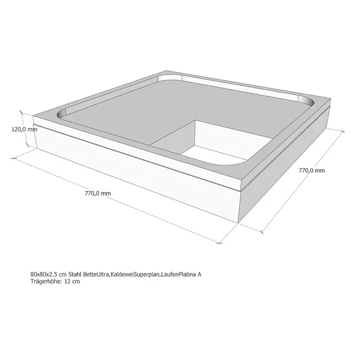 Sanicomfort Duschwannenträger - L x B x H: 77 x 77 x 12 cm, Expandiertes Polystyrol, Weiß - Abbildung einer Duschwanne von BetteUltra, Kaldewei Superplan oder Laufen Platina A mit den Maßen 80x80x2,5 cm und einer Höhe von 12 cm.
