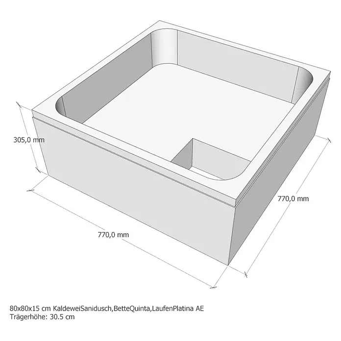 Sanicomfort Duschwannenträger - L x B x H: 77 x 77 x 30,5 cm, Expandiertes Polystyrol, Weiß - Perspektivische Ansicht einer Kaldewei Sanidusch Badewanne (80x80x15 cm) in schlichtem Design, ideal für moderne Badezimmer.