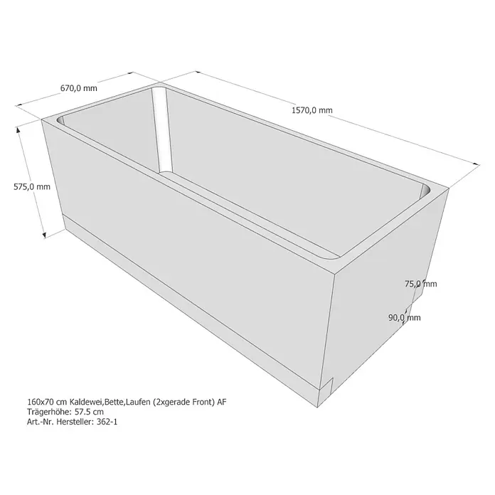 Sanicomfort Badewannenträger - L x B x H: 157 x 67 x 57,5 cm, Expandiertes Polystyrol, Weiß - Abbildung einer Kaldewei Badewanne, Modell Bette, Laufen, 160x70 cm, mit den Maßen 670 mm Breite, 1570 mm Länge und 575 mm Höhe.