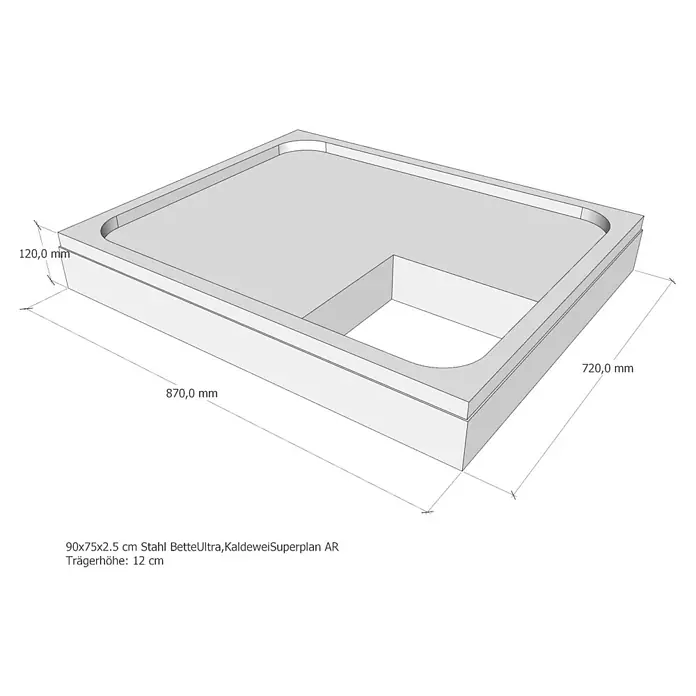 Sanicomfort Duschwannenträger - L x B x H: 72 x 87 x 12 cm, Expandiertes Polystyrol, Weiß - Abbildung einer Kaldewei Superplan AR Duschwanne aus Stahl mit den Maßen 90x75x2.5 cm und einer Trägerhöhe von 12 cm.