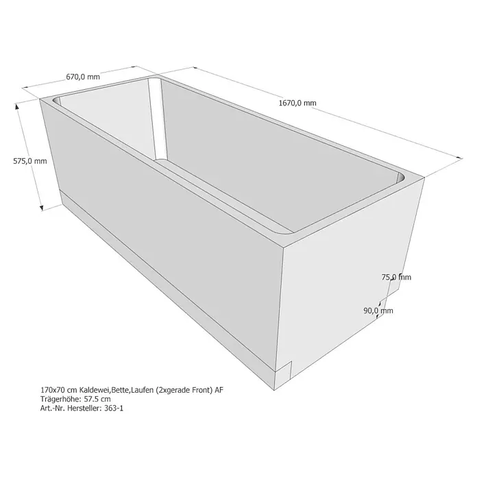 Sanicomfort Badewannenträger - L x B x H: 167 x 67 x 57,5 cm, Expandiertes Polystyrol, Weiß - Detaillierte 3D-Ansicht einer Kaldewei Badewanne, Modell Bette Laufen, mit Maßangaben zu Länge, Breite und Höhe.