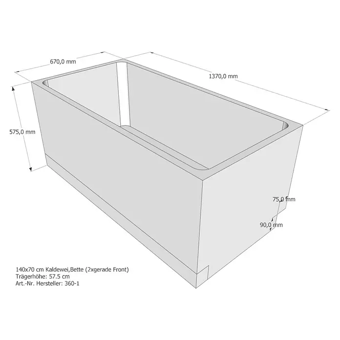 Sanicomfort Badewannenträger - L x B x H: 137 x 67 x 57,5 cm, Expandiertes Polystyrol, Weiß - Produktansicht der Kaldewei Badewanne (2xgerade Front) mit Maßangaben zu Länge, Breite und Höhe. Details zur Trägerhöhe sind ebenfalls angegeben.