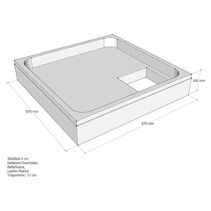 Sanicomfort Duschwannenträger - L x B x H: 87 x 87 x 16 cm, Expandiertes Polystyrol, Weiß - Produktansicht eines Kaldewei Duschplans, Modell BetteSupra Laufen Platina, 90x90x6,5 cm, mit einer Höhe von 17 cm.