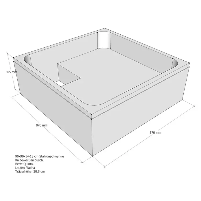 Sanicomfort Duschwannenträger - L x B x H: 87 x 87 x 30,5 cm, Expandiertes Polystyrol, Weiß - Abbildung einer 90x90x14-15 cm großen Kaldewei Sanidusch Stahlduschwanne, Bette Quinta, Laufen Platina mit einer Trägerhöhe von 30.5 cm.