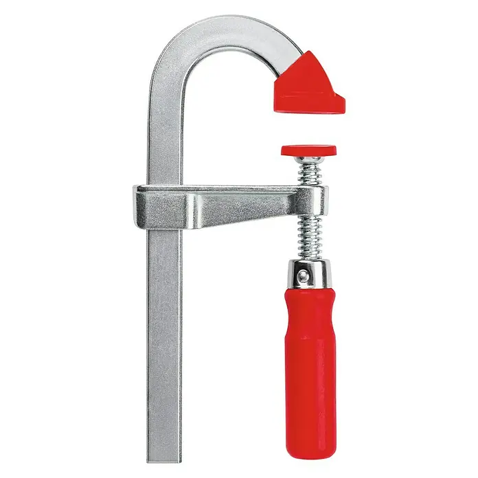 Bessey Schraubzwinge LMU15/5 - Spannweite: 150 mm, Spannkraft: 1.500 N, Ausladung: 50 mm - Bild einer Schraubzwinge mit silbernem Rahmen und rotem Griff. Ideal für die Holzbearbeitung und andere Spannanwendungen.