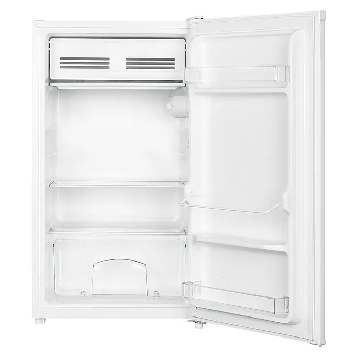 Benavent Frigorífico Table Top TTBHE8548W - Contenido útil total: 90 l, 44,5 x 47,5 x 85 cm, Blanco - Nevera blanca vacía con la puerta abierta, mostrando sus estantes y compartimentos.