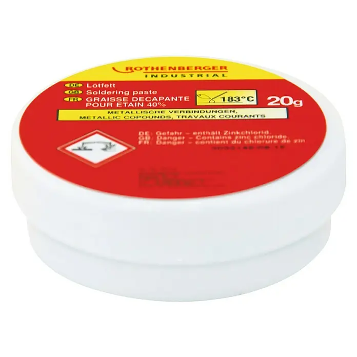 Rothenberger Industrial Lötfett - 20 g - Abbildung einer Dose Rothenberger Lötfett, 20g, für metallische Verbindungen, mit Warnhinweisen für Zinkchlorid.
