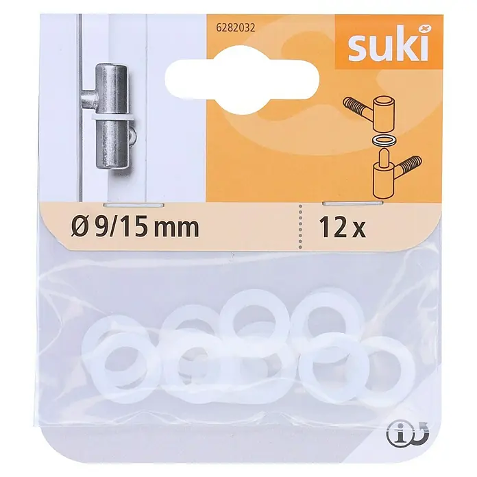Suki Anillo de montaje - Diámetro: 15 mm, 12 ud. - Paquete de 12 arandelas de plástico blancas, Ø 9/15 mm, para bisagras.