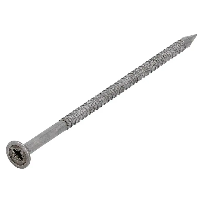 Suki Clavo - Ø x L: 4,2 x 100 mm, Acero inoxidable, 75 ud. - Tornillo de construcción plateado con cabeza de estrella y rosca gruesa y nervada.