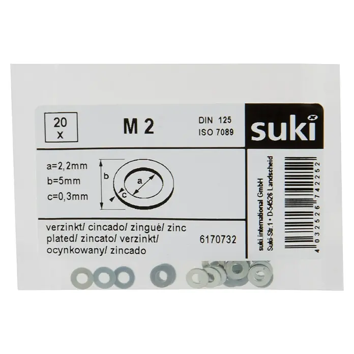 Suki Arandela - Diámetro exterior: 2 mm, Acero, 20 ud. - Paquete de 20 arandelas planas M2 cincadas. Medidas: Ø interior 2,2mm, Ø exterior 5mm, grosor 0,3mm.
