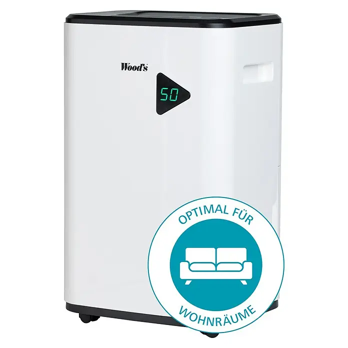 Woods Elektro-Luftentfeuchter MDX 20P - 360 W, Entfeuchtungsleistung: 20 l/Tag, Weiß - Weißer Wood's Luftentfeuchter mit schwarzer Oberseite, grüner Digitalanzeige (50) und Abzeichen „Optimal für Wohnräume“ mit Sofa-Symbol, auf Rollen.