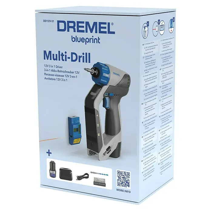 Dremel Akkuschrauber Blueprint 3-in-1 - 12 V, 1 Akku, 2 Ah, 5 Nm - Produktverpackung für den Dremel Multi-Drill 12V 3-in-1 Akku-Bohrschrauber mit Zubehör, ideal für Heimwerker und Profis.