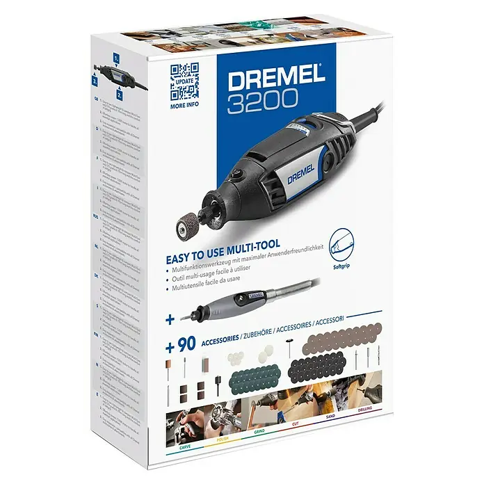 Dremel Multifunktionswerkzeug 3200 (1/90) - 130 W - Bild einer Dremel 3200 Multifunktionswerkzeug-Packung mit Zubehör, ideal für Heimwerker und Bastler.