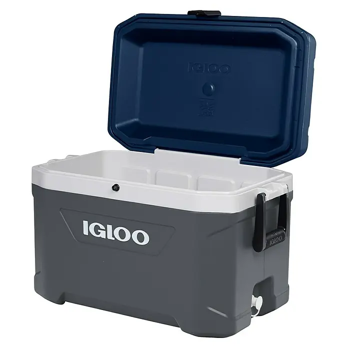 Igloo Kühlbox Maxcold - L x B x H: 63,4 x 38,3 x 40,9 cm, 51 l, Anthrazit/Blau - Grau-weiße Igloo-Kühlbox mit geöffnetem dunkelblauen Deckel, Innenraum und schwarzen Tragegriffen.