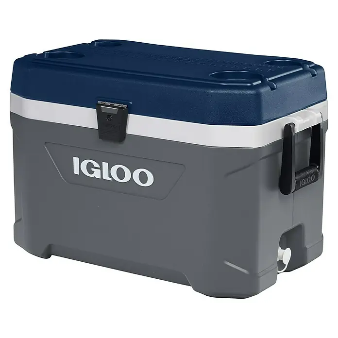 Igloo Kühlbox Maxcold - L x B x H: 63,4 x 38,3 x 40,9 cm, 51 l, Anthrazit/Blau - Graue Igloo-Kühlbox mit blauem Deckel, weißem Band, schwarzen Griffen, Verschluss und weißem Ablassstopfen.