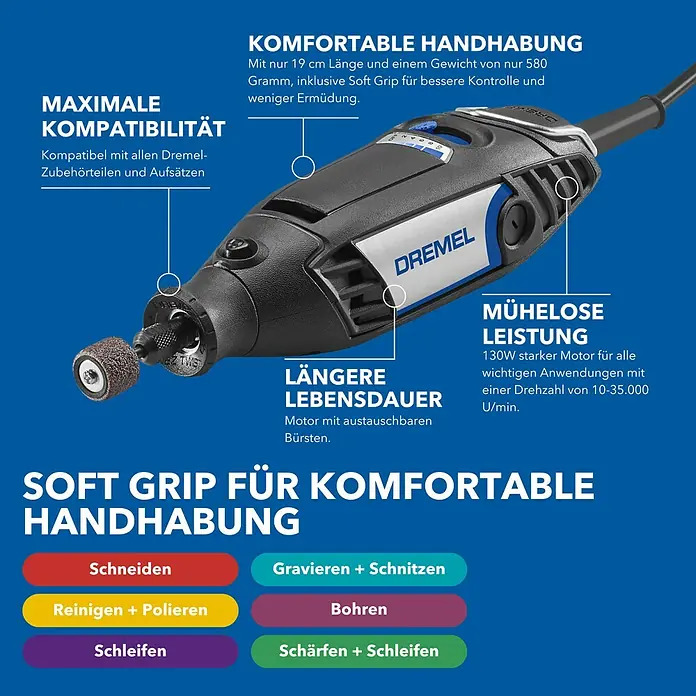 Dremel Multifunktionswerkzeug 3200 (1/90) - 130 W - Detaillierte Ansicht eines Dremel Multifunktionswerkzeugs mit Beschriftungen zu Produkteigenschaften und Anwendungsbereichen.
