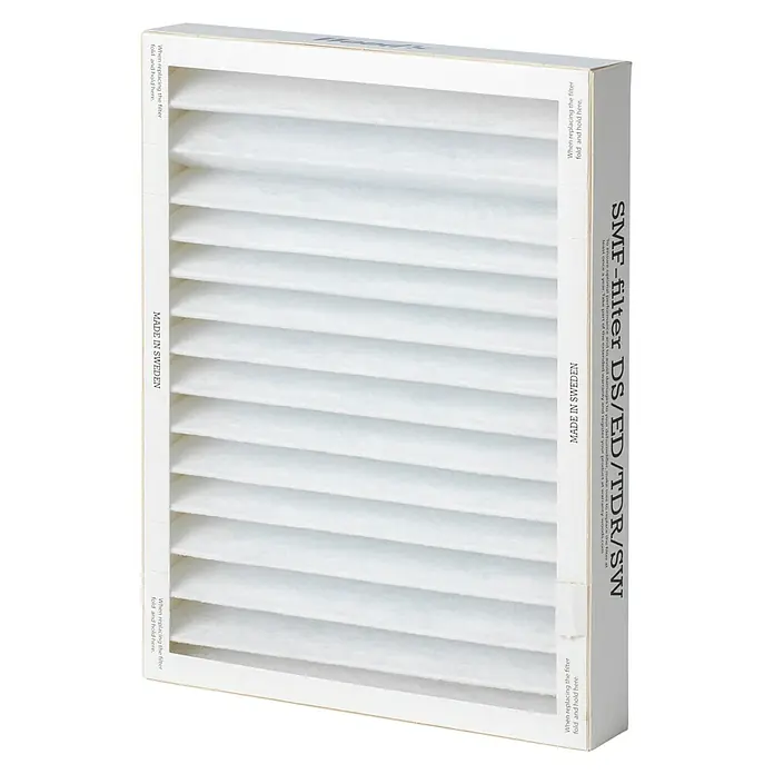 Woods Filter Anti-Schimmel - Passend für: LD 40 / SW 22, Weiß, 1 Stk. - Weißer plissierter SMF-Luftfilter für Luftentfeuchter, mit Text „MADE IN SWEDEN“.