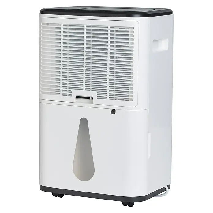 Woods Elektro-Luftentfeuchter MDX 20P - 360 W, Entfeuchtungsleistung: 20 l/Tag, Weiß - Weiß-schwarzer tragbarer Luftentfeuchter mit Heckgitter, transparenter Wasserstandsanzeige und seitlichem Griff.
