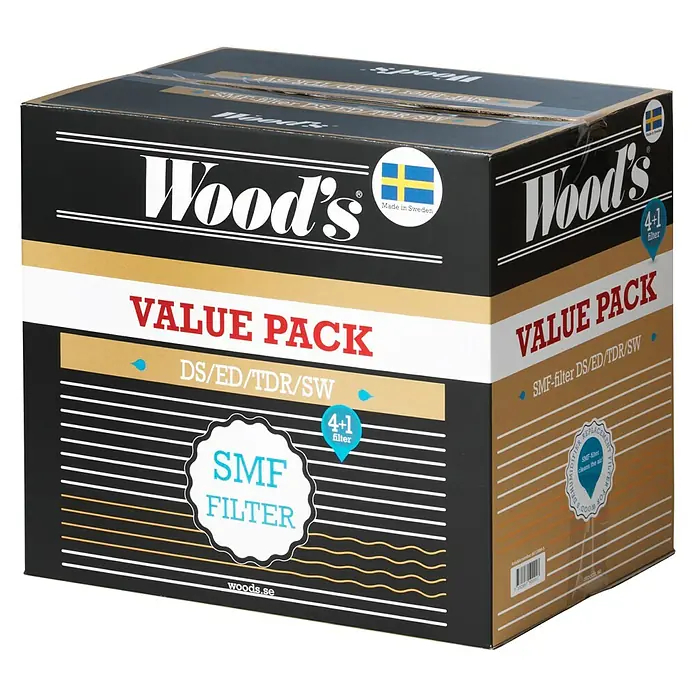 Woods Filter Anti-Schimmel - Passend für: LD 40 / SW 22, Weiß, 5 Stk. - Eine schwarz-gold-weiße Wood's Value Pack Box mit 4+1 SMF-Filtern für Entfeuchter, hergestellt in Schweden.