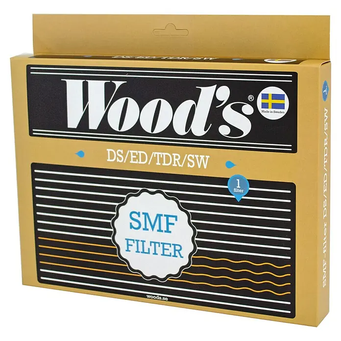 Woods Filter Anti-Schimmel - Passend für: LD 40 / SW 22, Weiß, 1 Stk. - Brauner Karton für Wood's SMF Filter, mit schwarzem und weißem Branding, "Made in Sweden"-Flagge und Modellcodes.