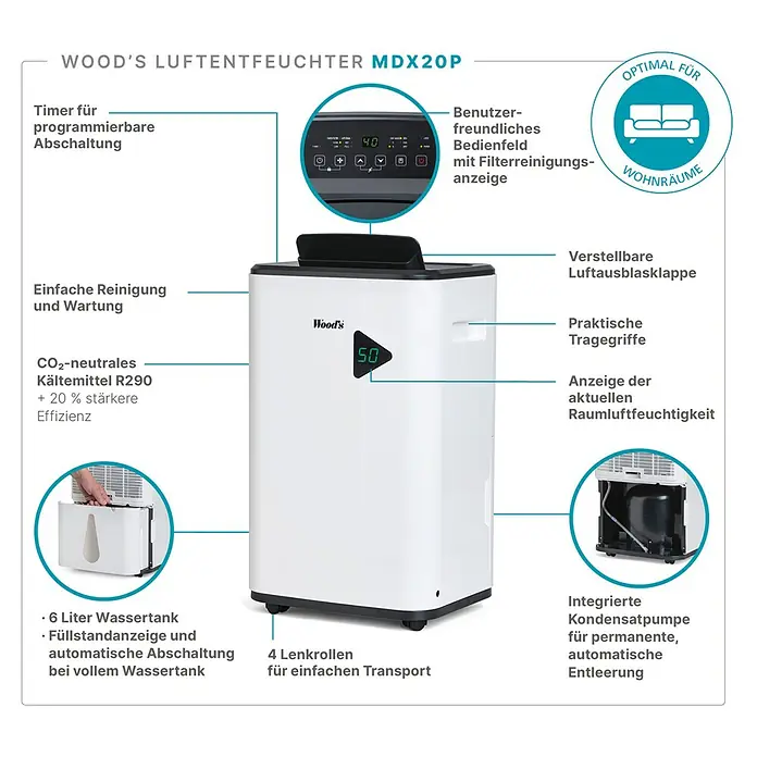 Woods Elektro-Luftentfeuchter MDX 20P - 360 W, Entfeuchtungsleistung: 20 l/Tag, Weiß - Weißer Wood's Luftentfeuchter (MDX20P) mit schwarzem Bedienfeld, Digitalanzeige "50", Tragegriffen und Lenkrollen.