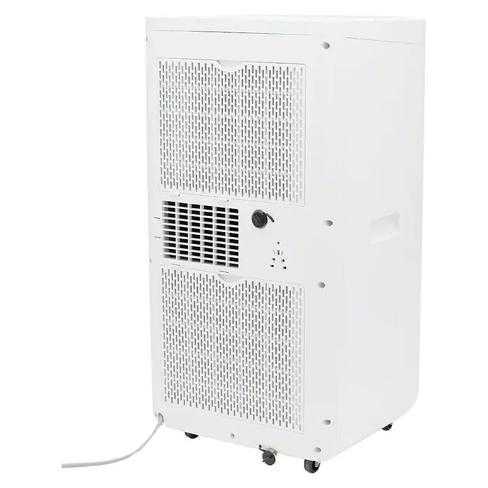 Woods Mobiles Klimagerät Milan 9K WIFI DUO - 2,6 kW, Raumgröße: 26 m², Weiß - Weißes mobiles Klimagerät, Rückansicht mit Lüftungsgittern, Drehregler und Rollen.