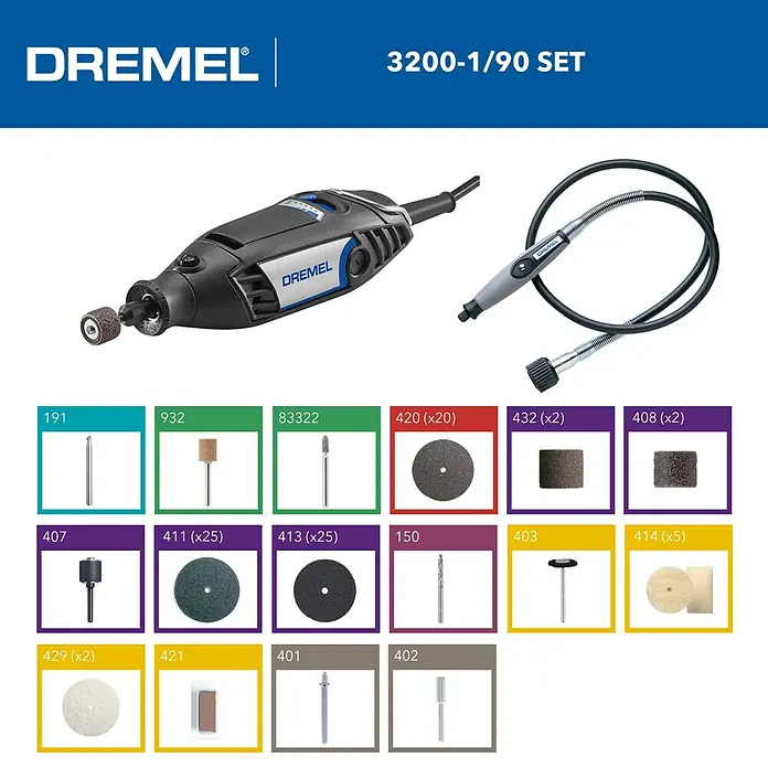 Dremel Multifunktionswerkzeug 3200 (1/90) - 130 W - Abbildung eines Dremel 3200-1/90 Sets mit verschiedenen Werkzeugaufsätzen und einem flexiblen Wellenaufsatz.