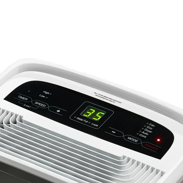 Woods Elektro-Luftentfeuchter MDX 14 - 220 W, Entfeuchtungsleistung: 10 l/Tag, Weiß - Weißes Bedienfeld eines Luftentfeuchters mit Digitalanzeige „35“, Tasten für Timer, Geschwindigkeit und Modus, sowie rotem Power-Licht.